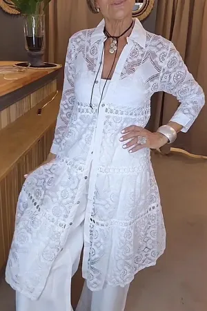 Solid Color Hollow Lace Lapel Button Long Shirt