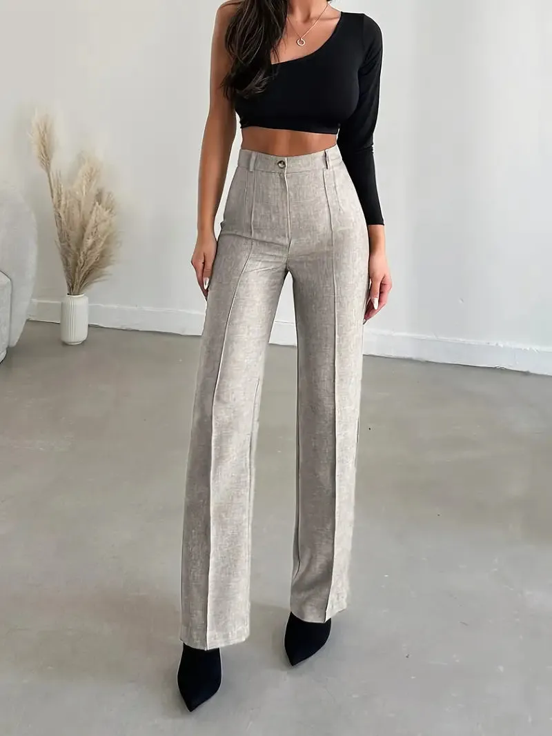 Solid Color Wide-Legged High-Waisted Pants