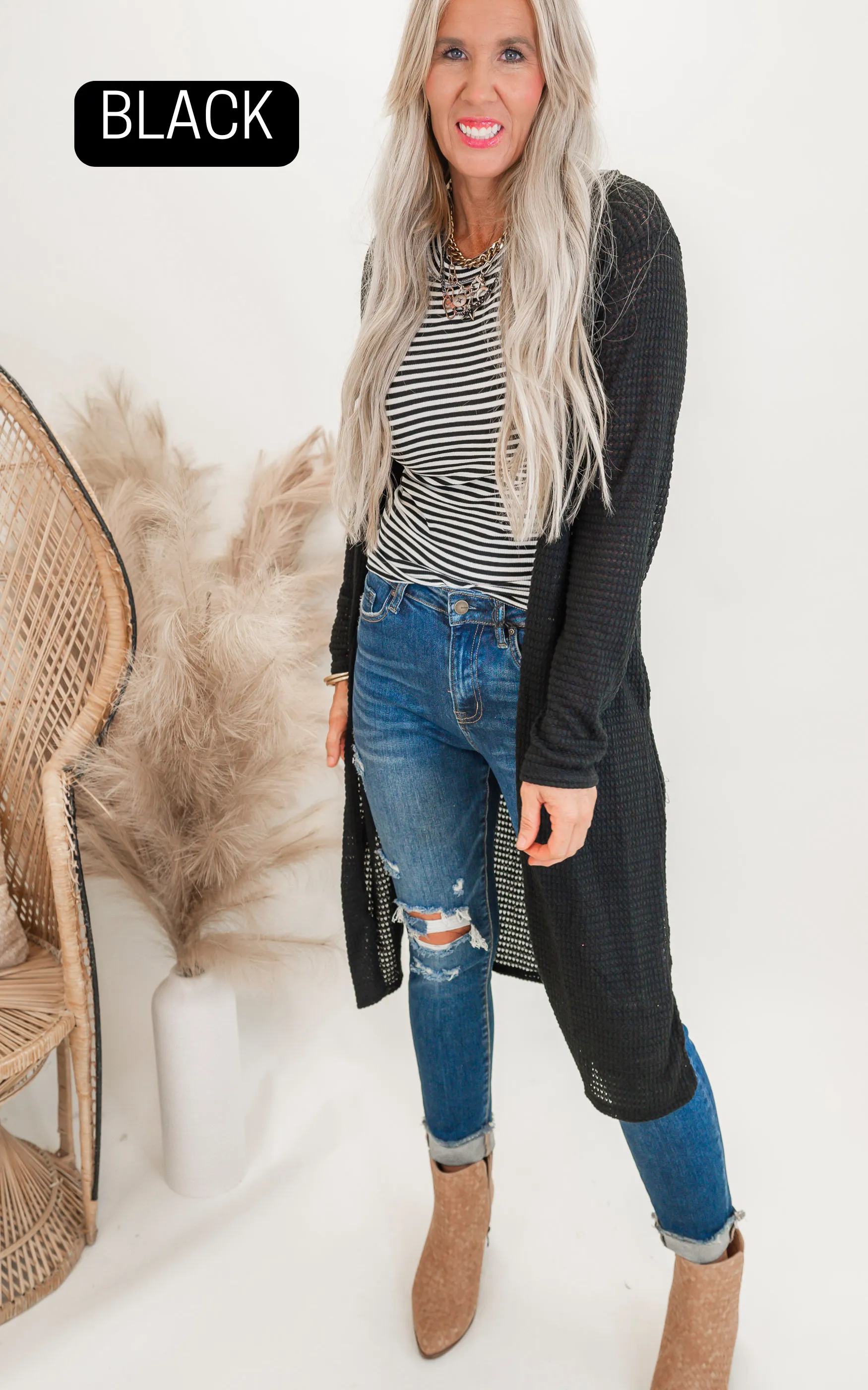 Solid Long Waffle Cardigan - Final Sale