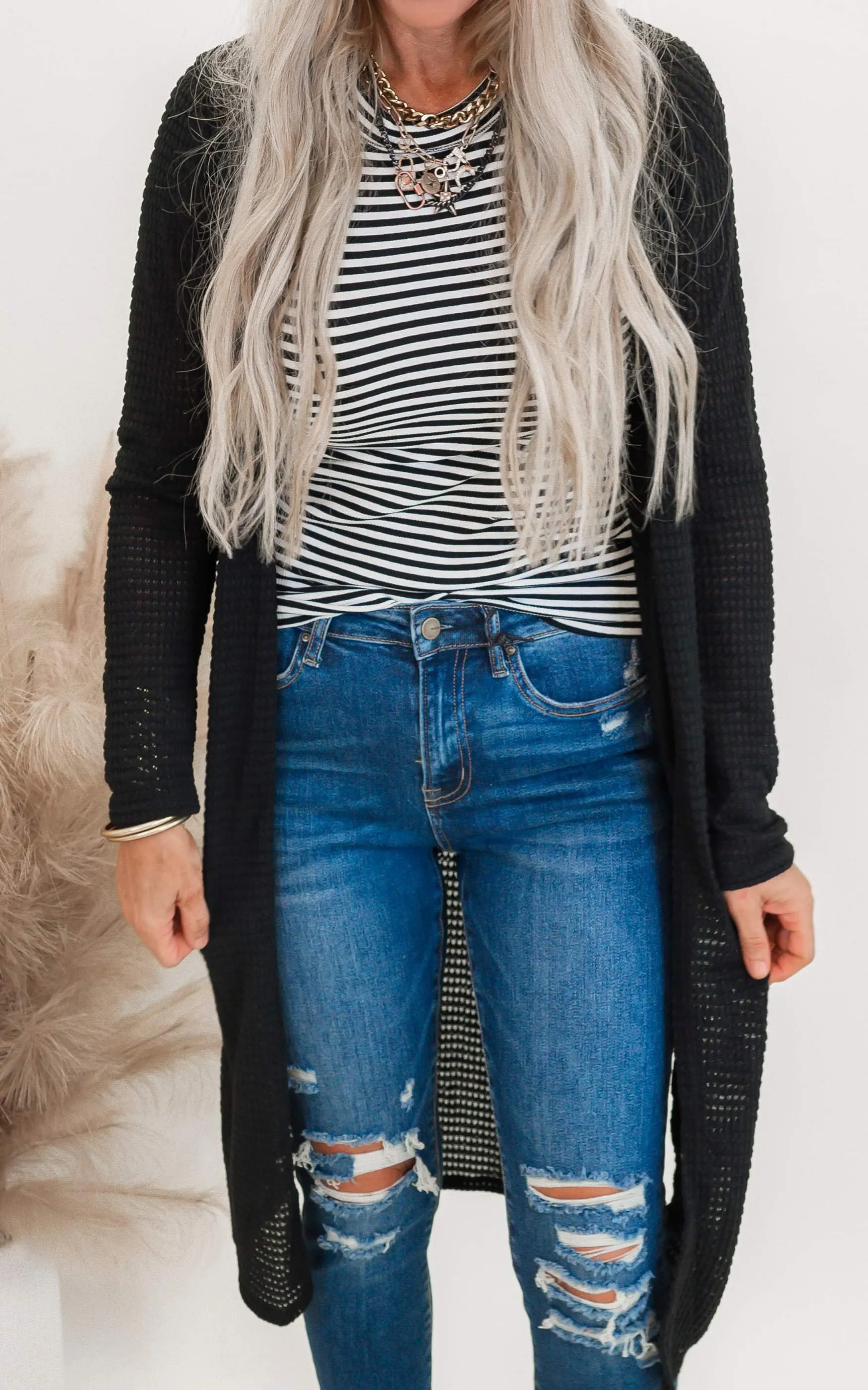 Solid Long Waffle Cardigan - Final Sale