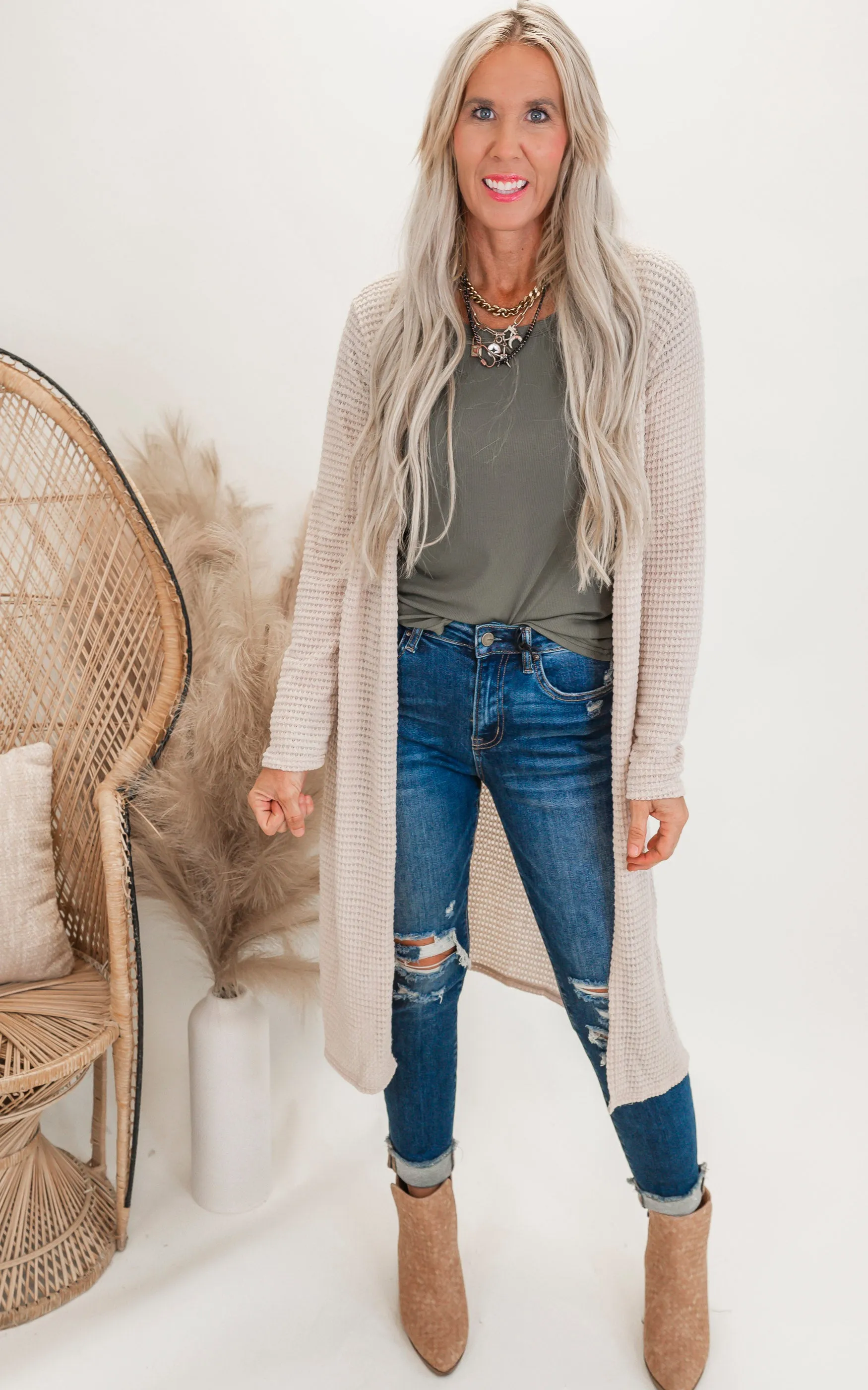 Solid Long Waffle Cardigan - Final Sale