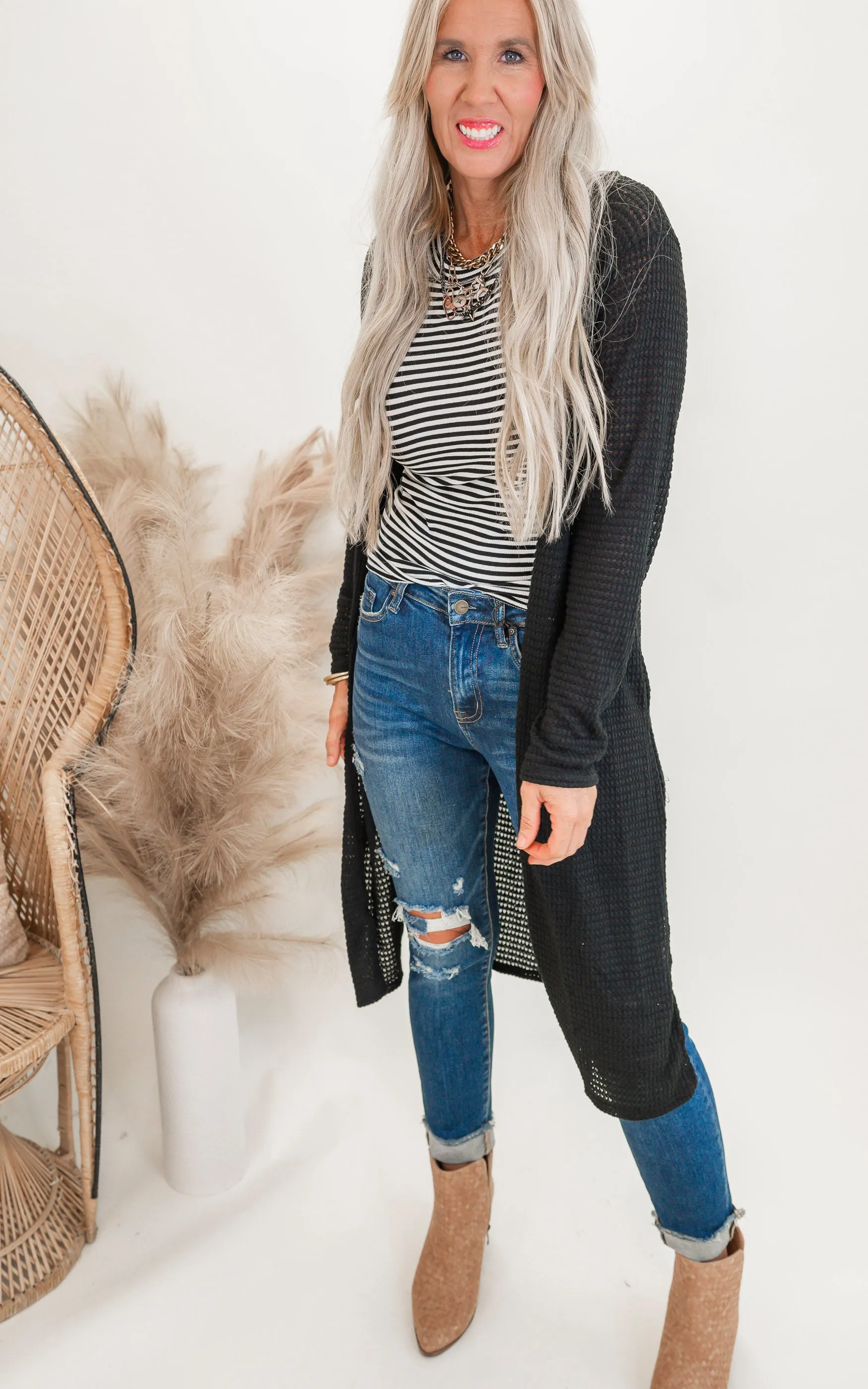 Solid Long Waffle Cardigan - Final Sale