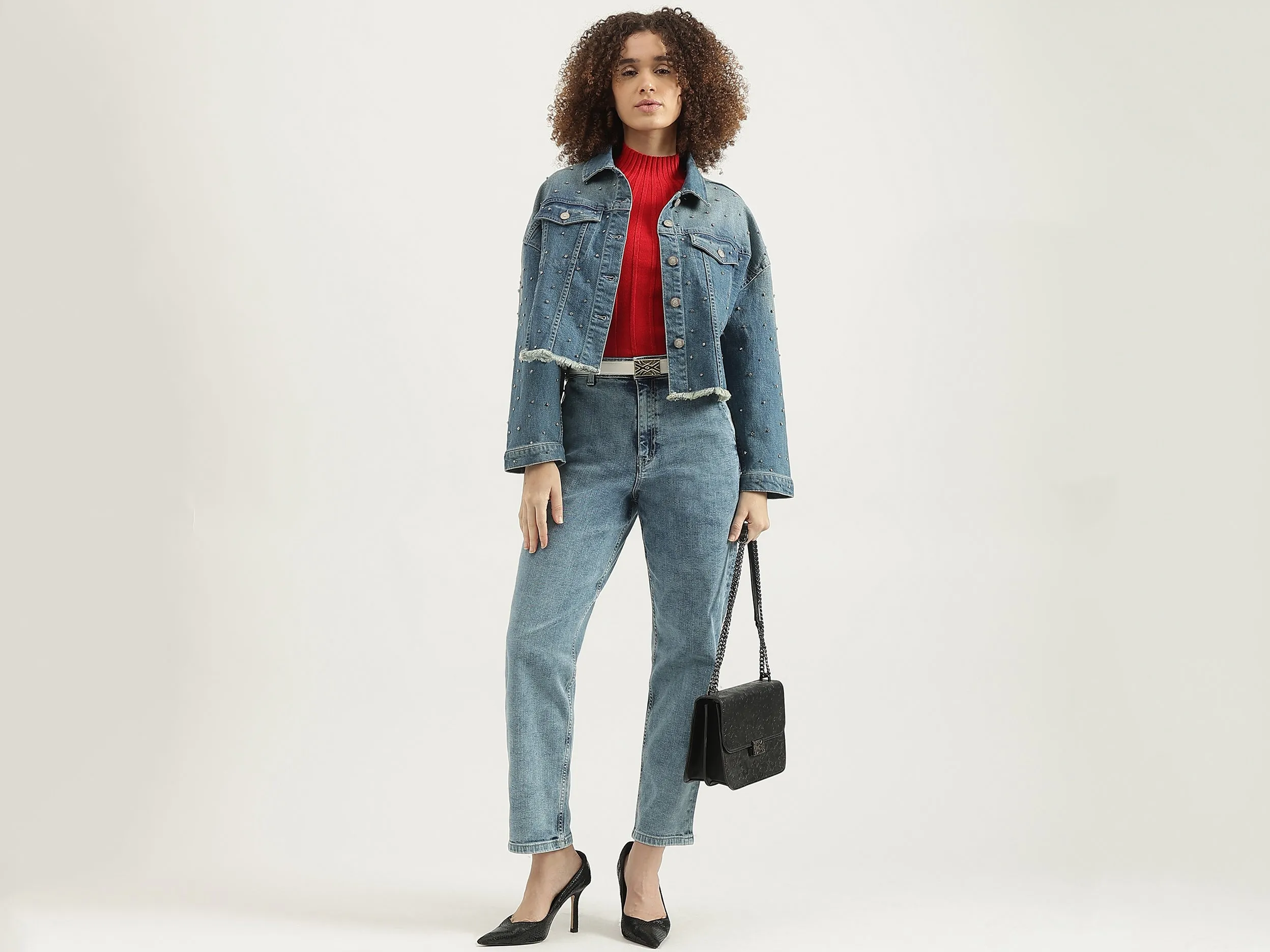 Spread Collar Sequined Denim Jacket