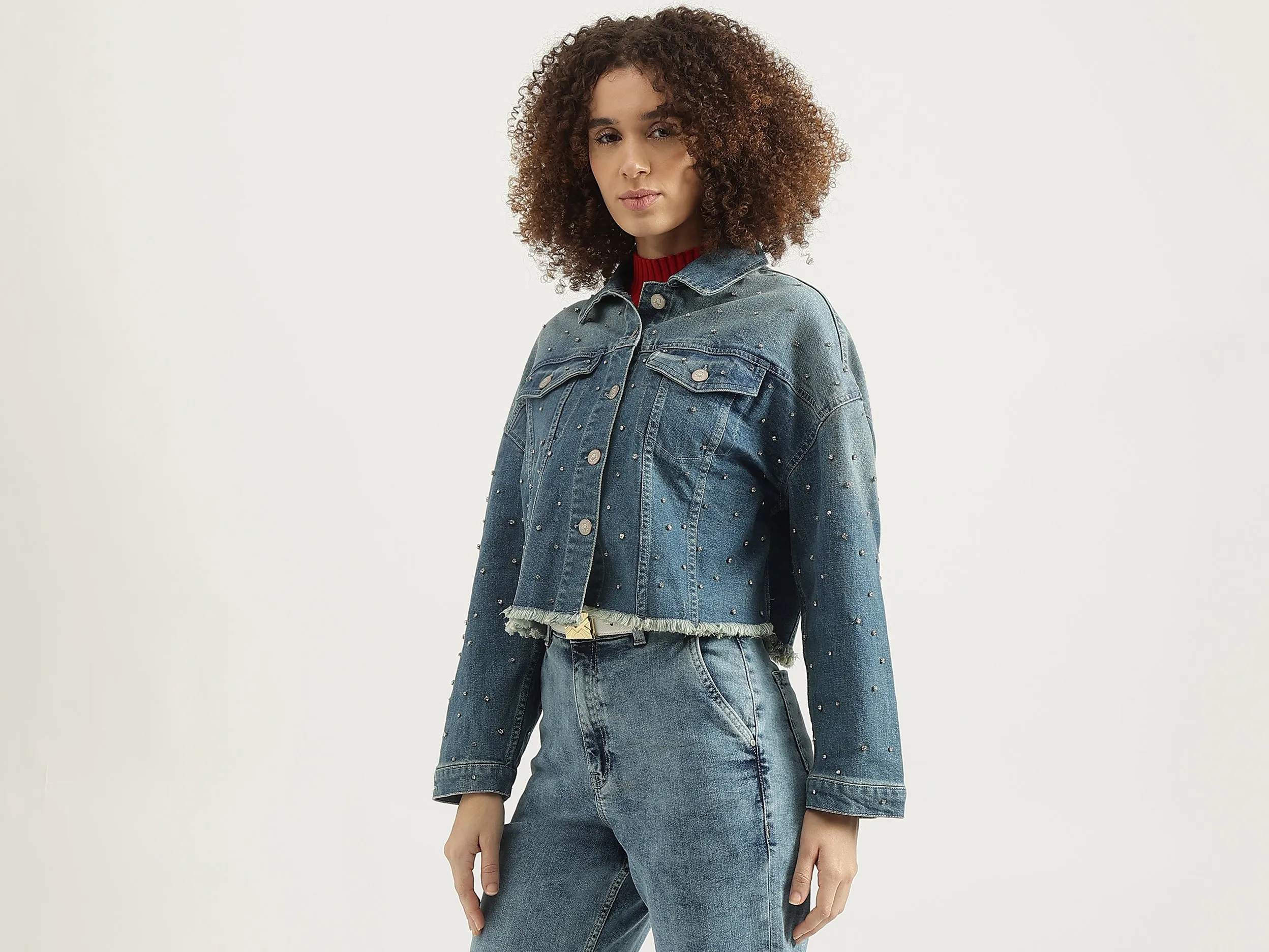 Spread Collar Sequined Denim Jacket