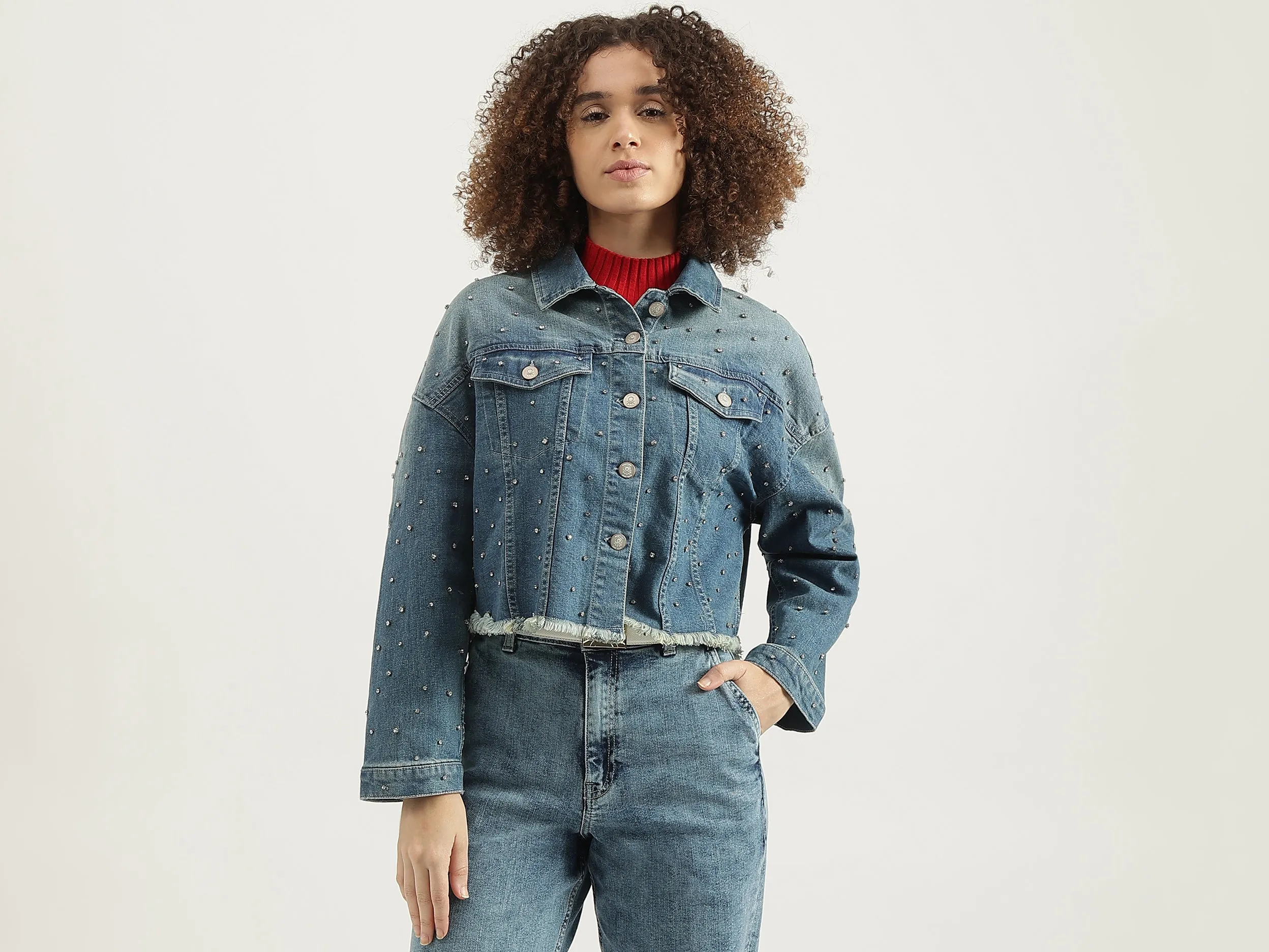 Spread Collar Sequined Denim Jacket