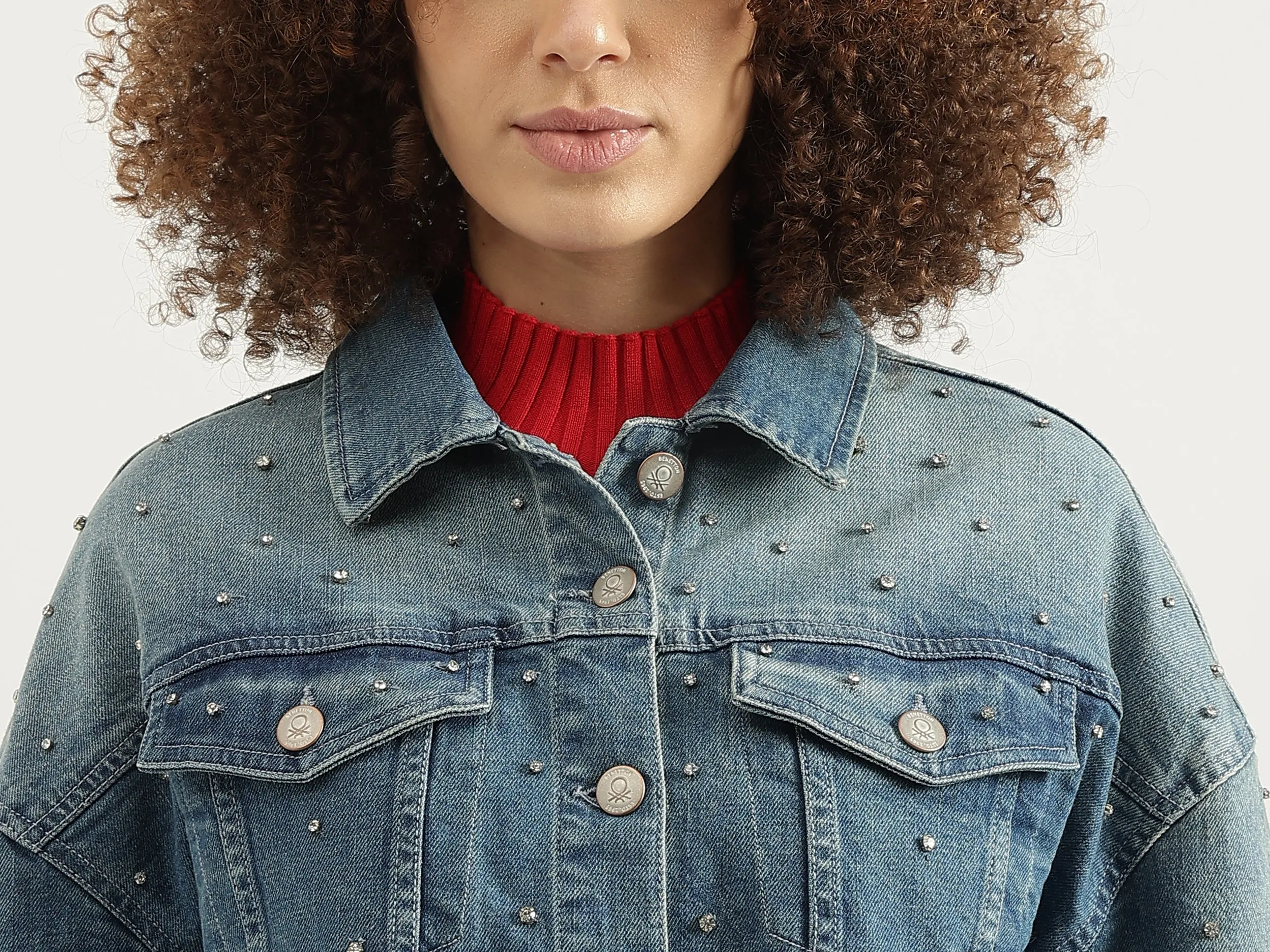 Spread Collar Sequined Denim Jacket