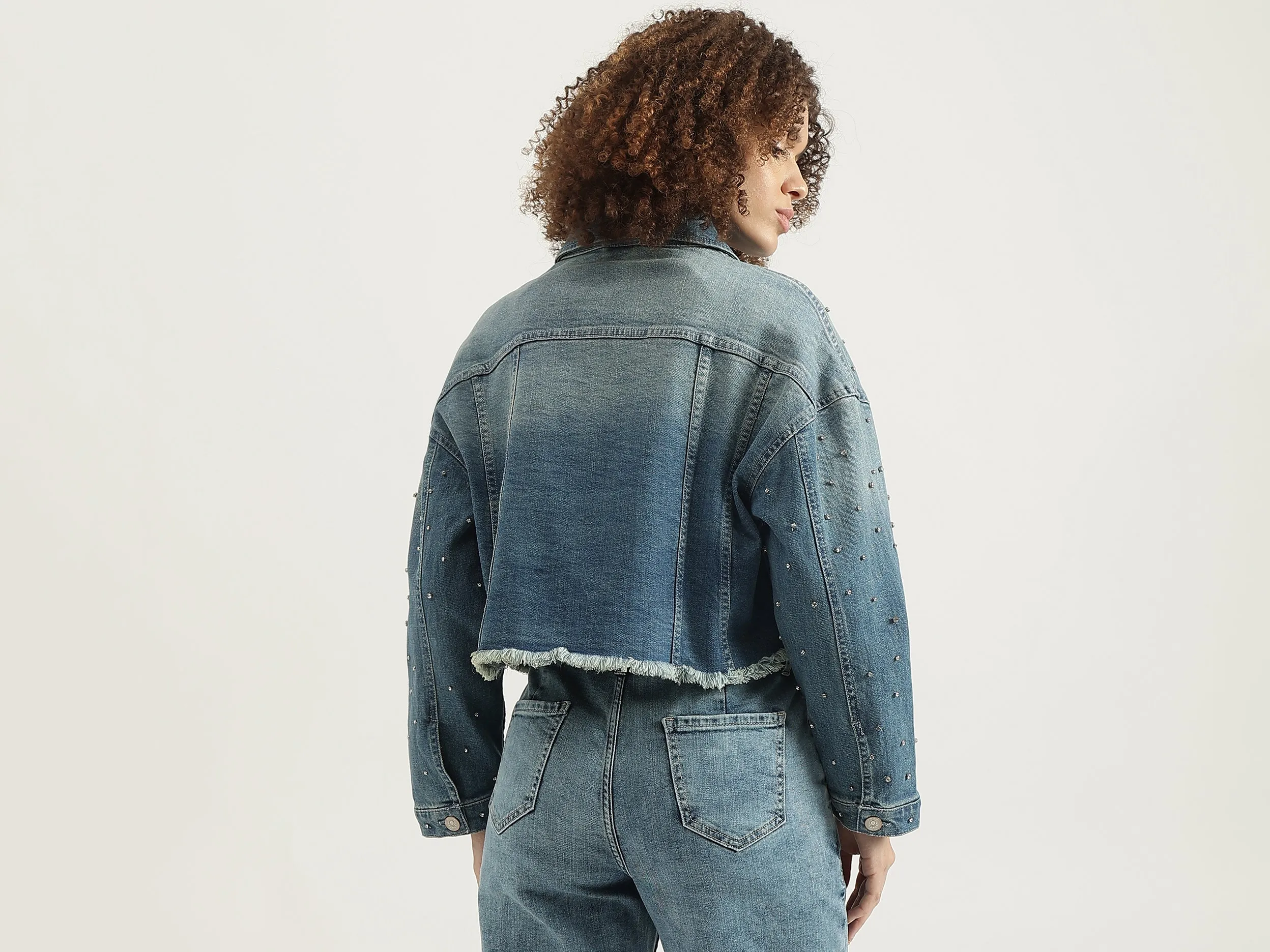 Spread Collar Sequined Denim Jacket