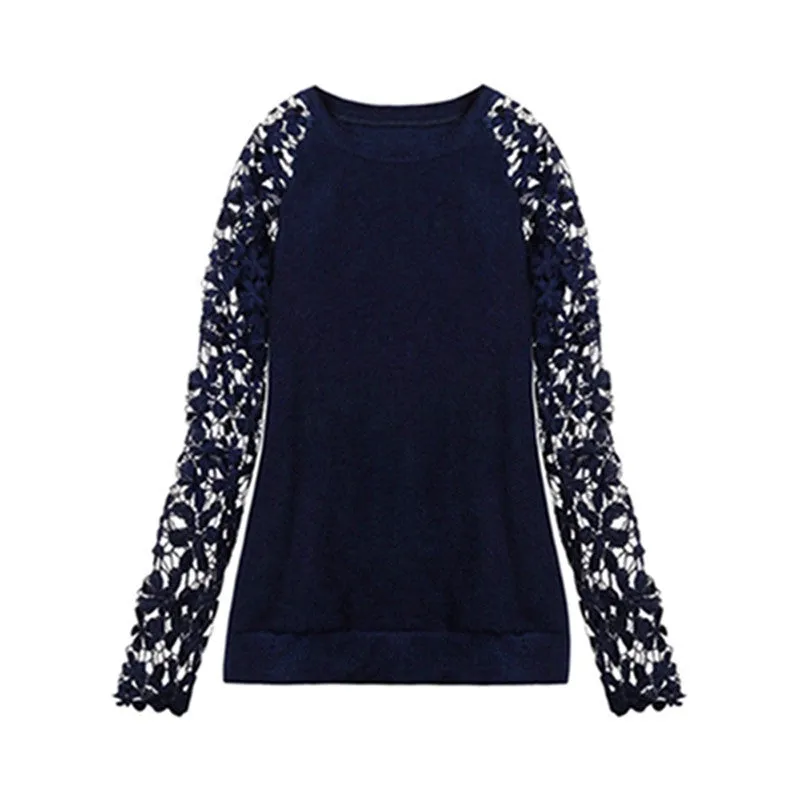 Spring Autumn Fashion Women Long Sleeve Lace Patchwork Casual Pullover Ladies Sweaters Plus Size clothes