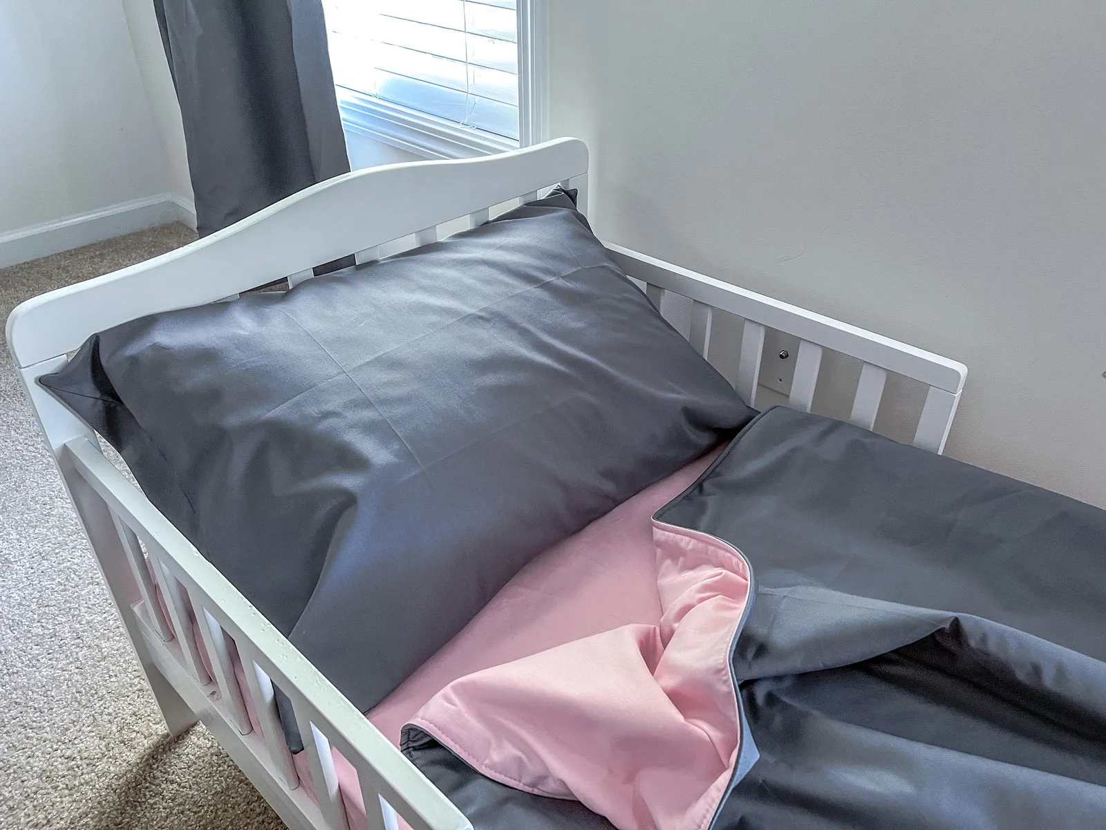 Steel Gray and Pink Toddler Crib Bedding Set