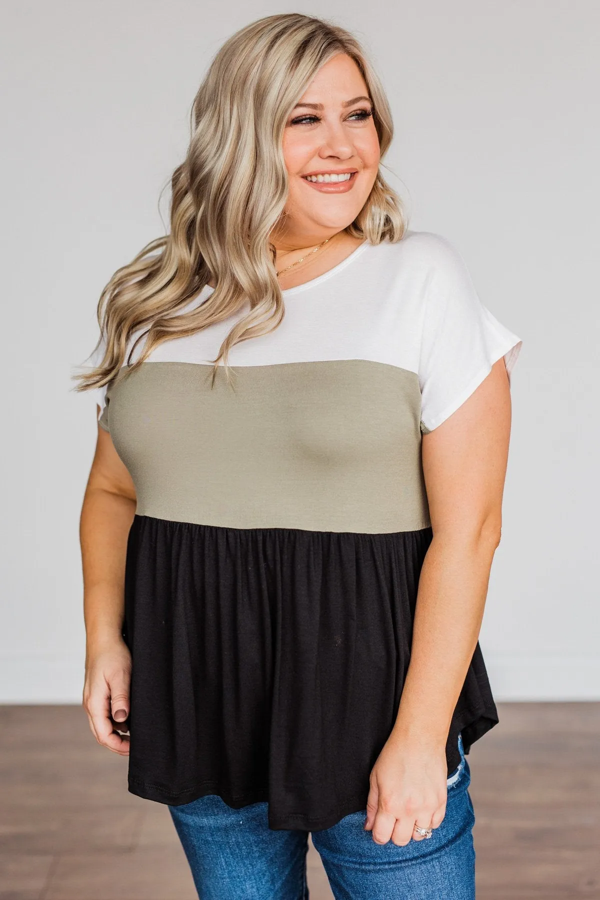 Step Aside Short Sleeve Color Block Top- Olive