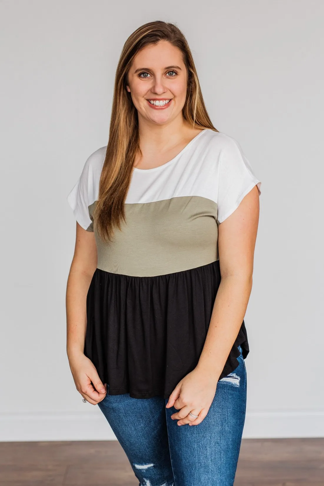 Step Aside Short Sleeve Color Block Top- Olive
