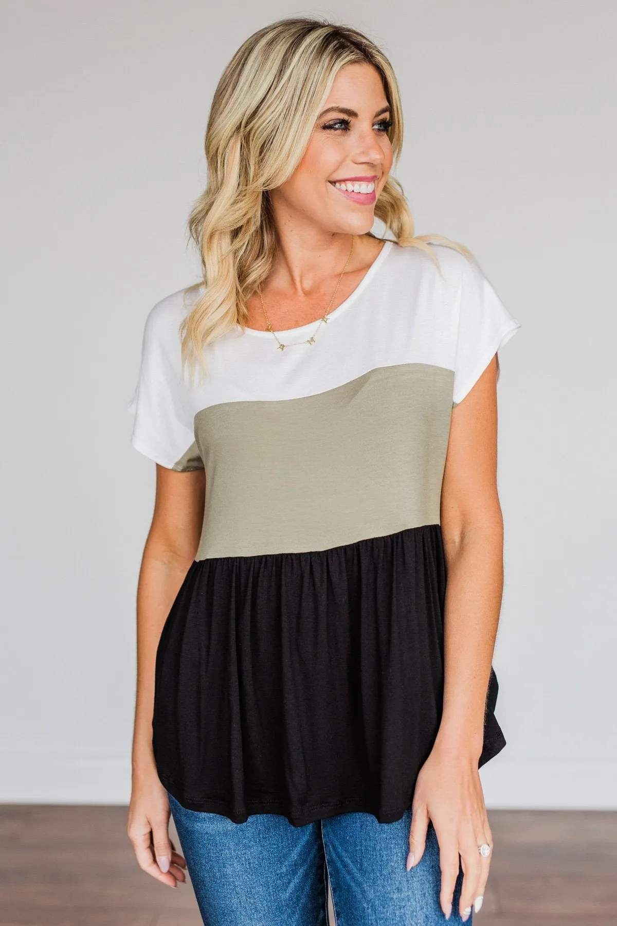 Step Aside Short Sleeve Color Block Top- Olive