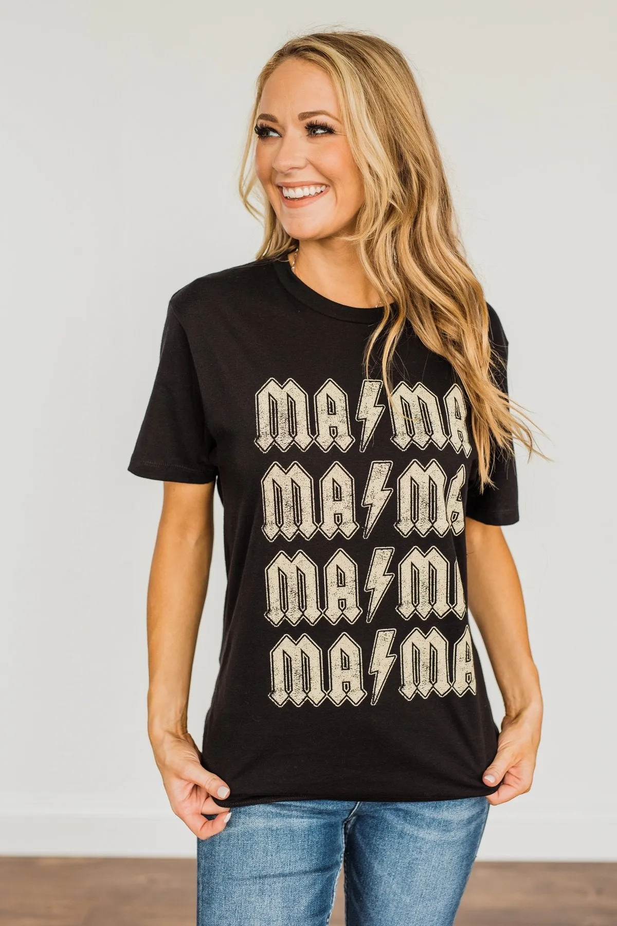 Striking "Mama" Lightning Bolt Graphic Tee- Black