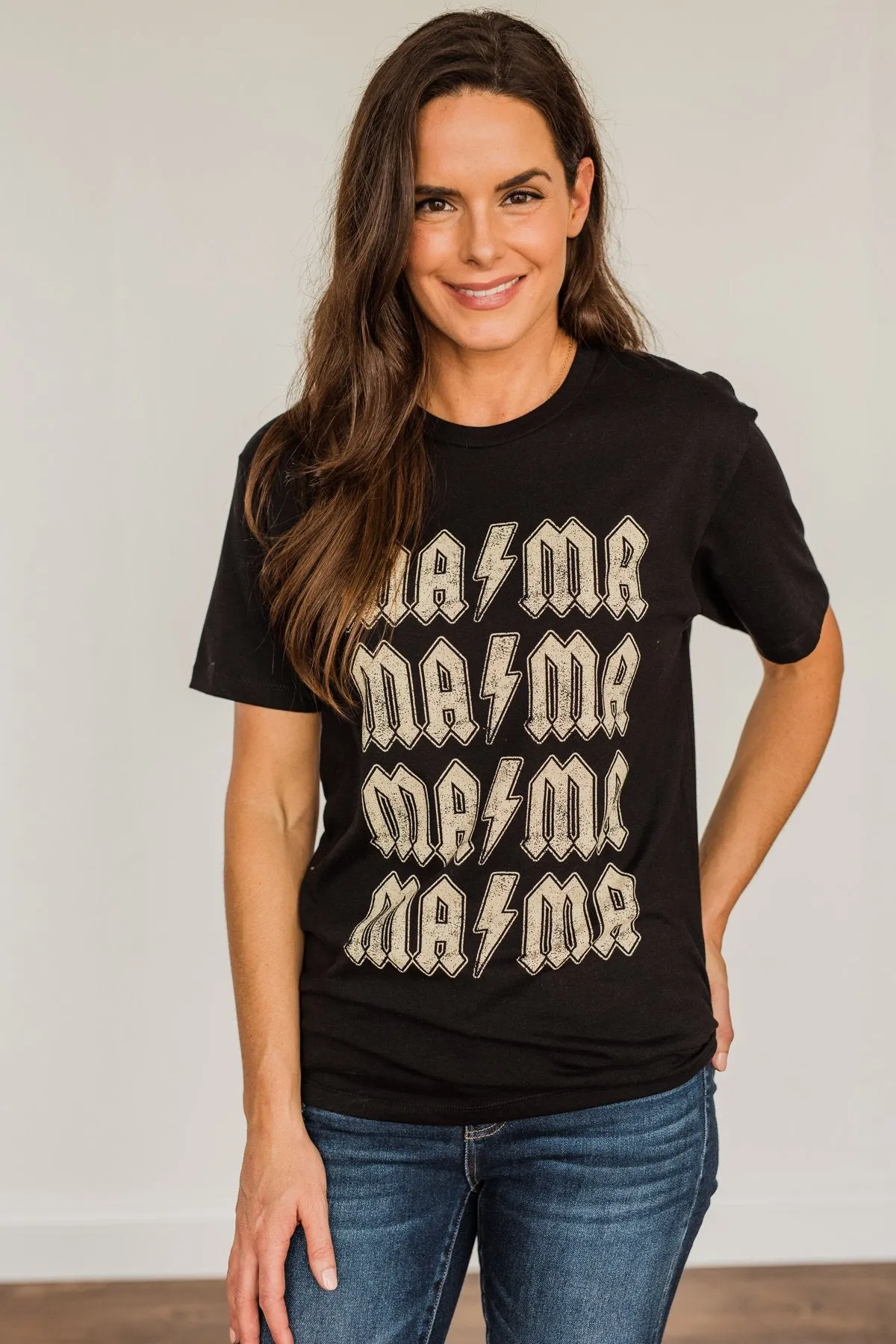 Striking "Mama" Lightning Bolt Graphic Tee- Black
