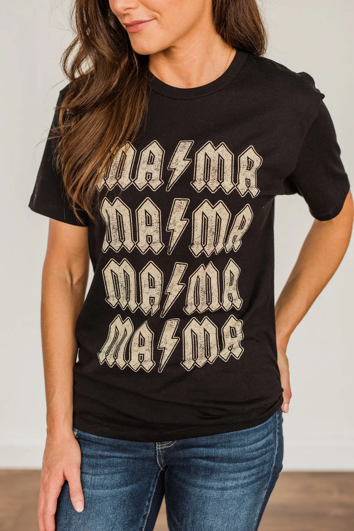 Striking "Mama" Lightning Bolt Graphic Tee- Black