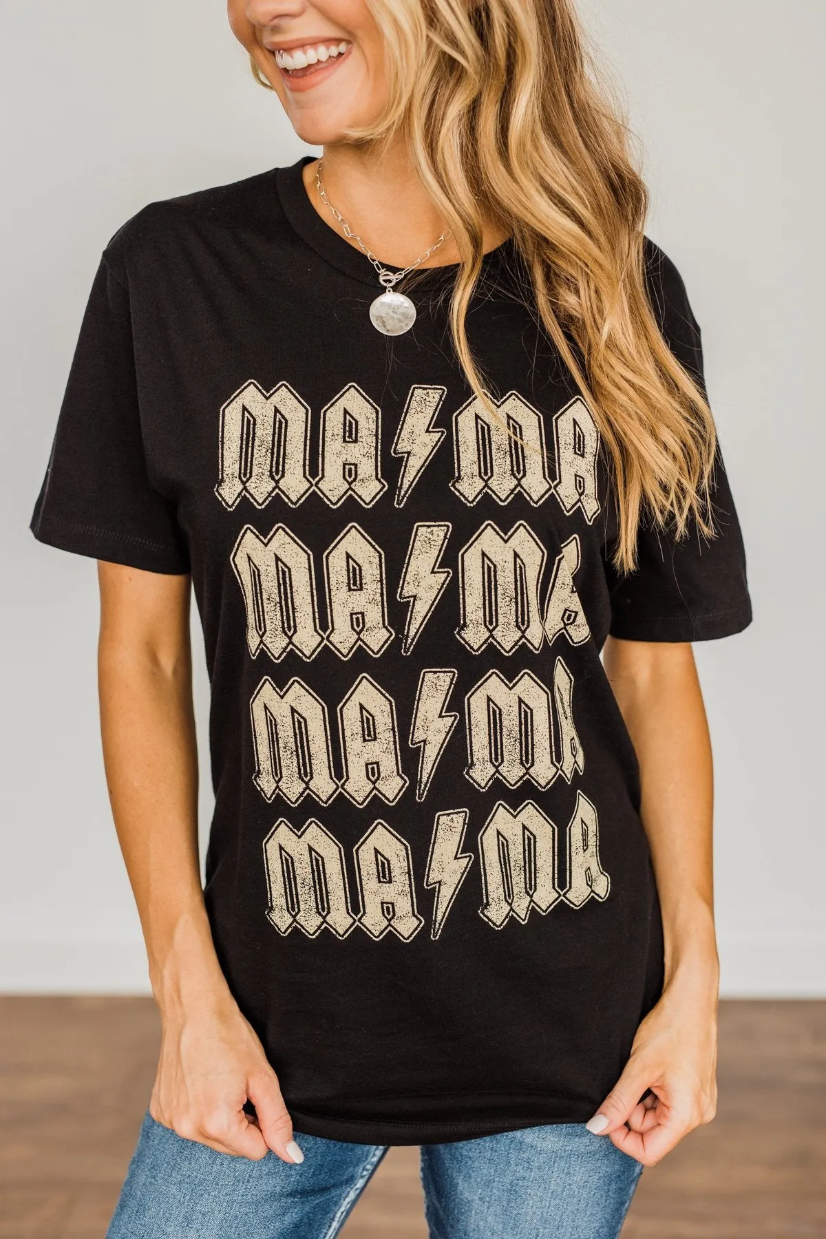 Striking "Mama" Lightning Bolt Graphic Tee- Black