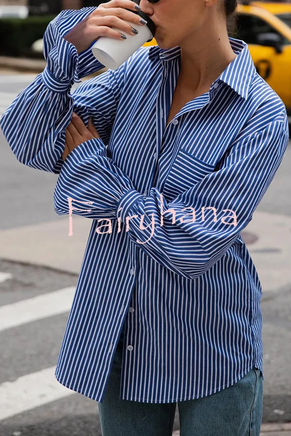 Striped Print Ruffled Long Sleeve Pockets Loose Shirt