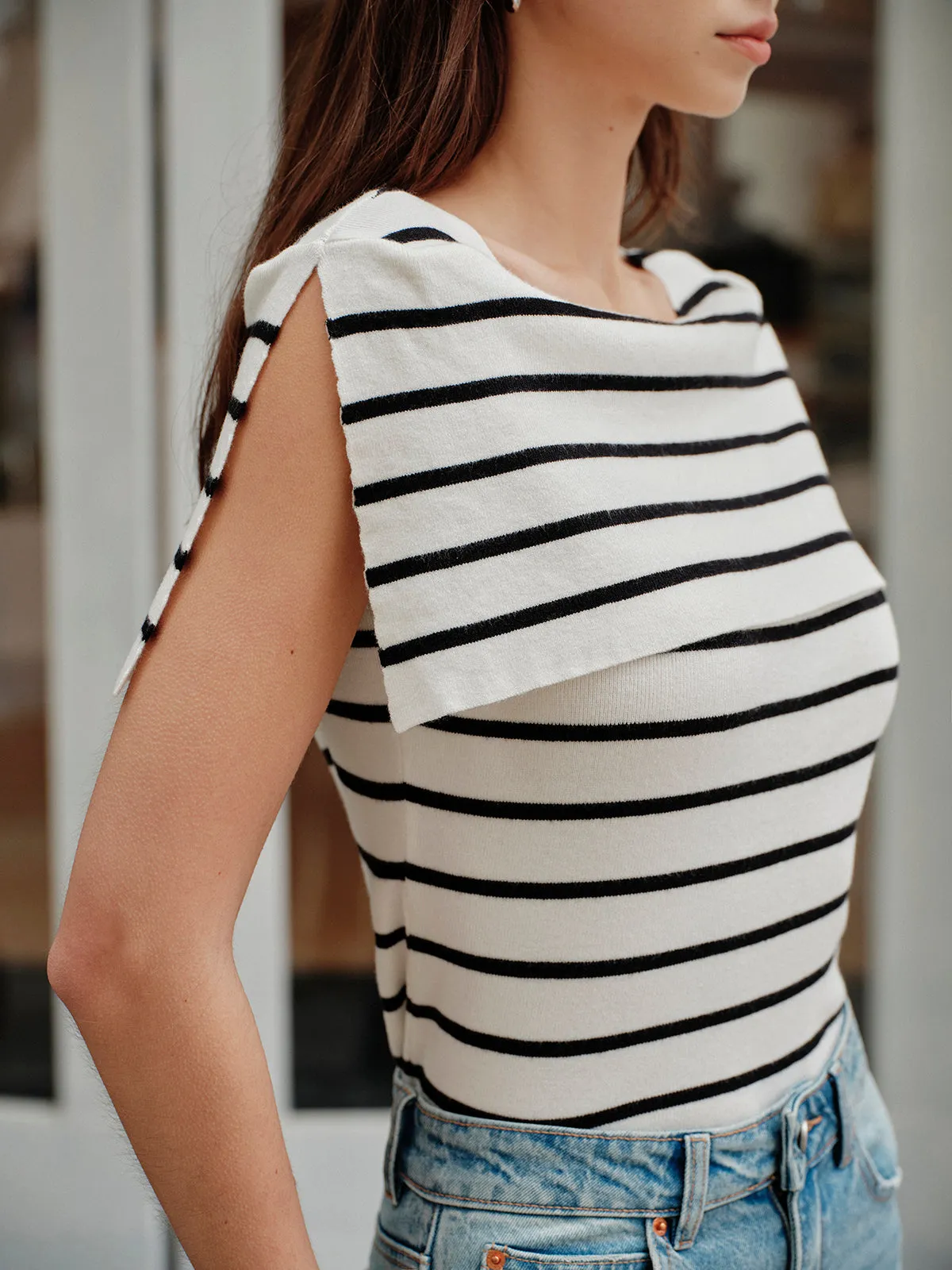 Striped Shawl-Collar Knit Top
