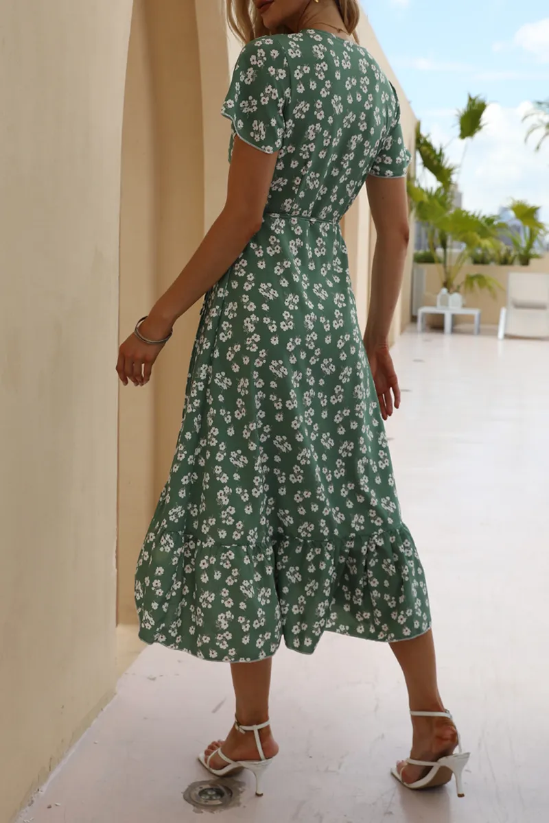 Sweet Elegant Floral Frenulum Flounce V Neck A Line Dresses(4 Colors)