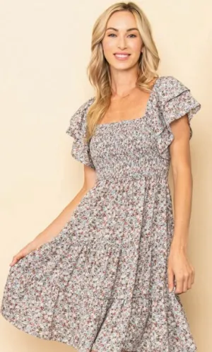 Tiny Floral Flutter Sleeves Smocking Dress-Lt Blue