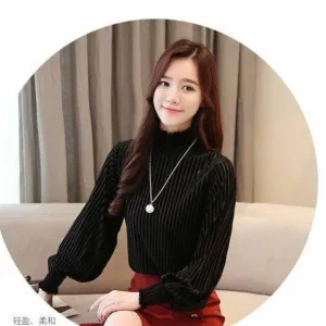 Tops Women's Long Sleeve Fashion High-neck Lantern Sleeve Gold Velvet T-Shirt Wild Thin Shirt