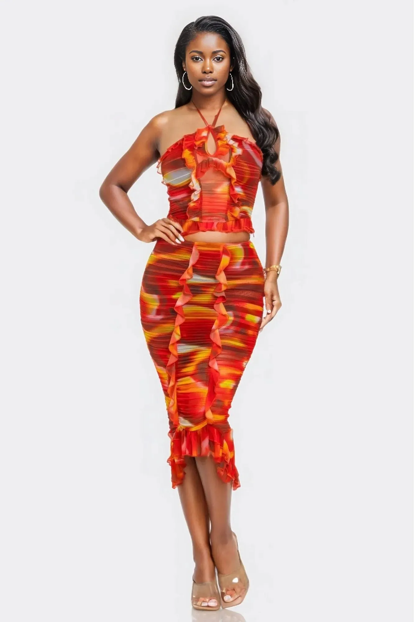 Tropical Waters Print Mesh Ruffle Halter Skirt Set