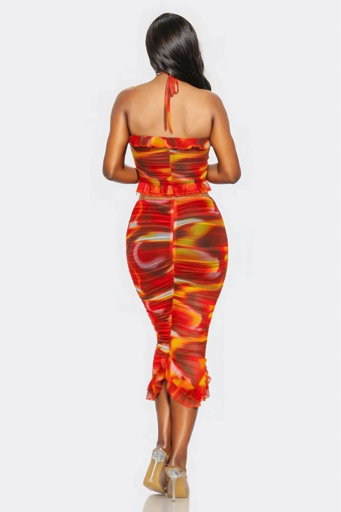 Tropical Waters Print Mesh Ruffle Halter Skirt Set