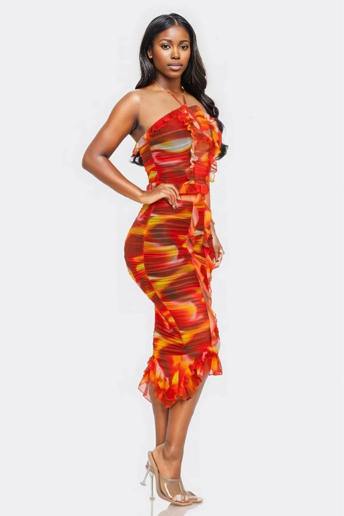 Tropical Waters Print Mesh Ruffle Halter Skirt Set