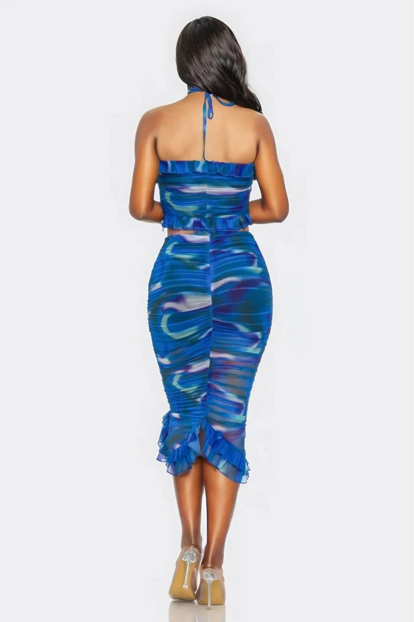 Tropical Waters Print Mesh Ruffle Halter Skirt Set