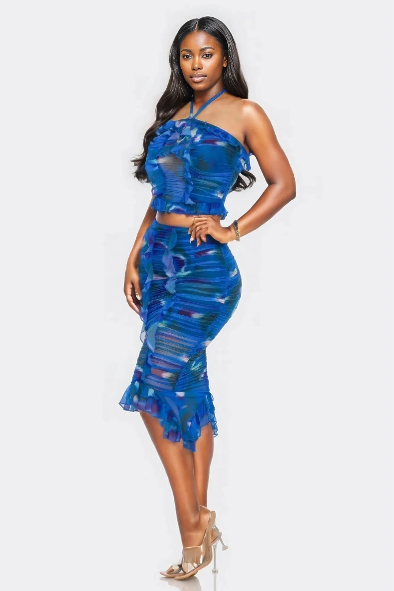 Tropical Waters Print Mesh Ruffle Halter Skirt Set