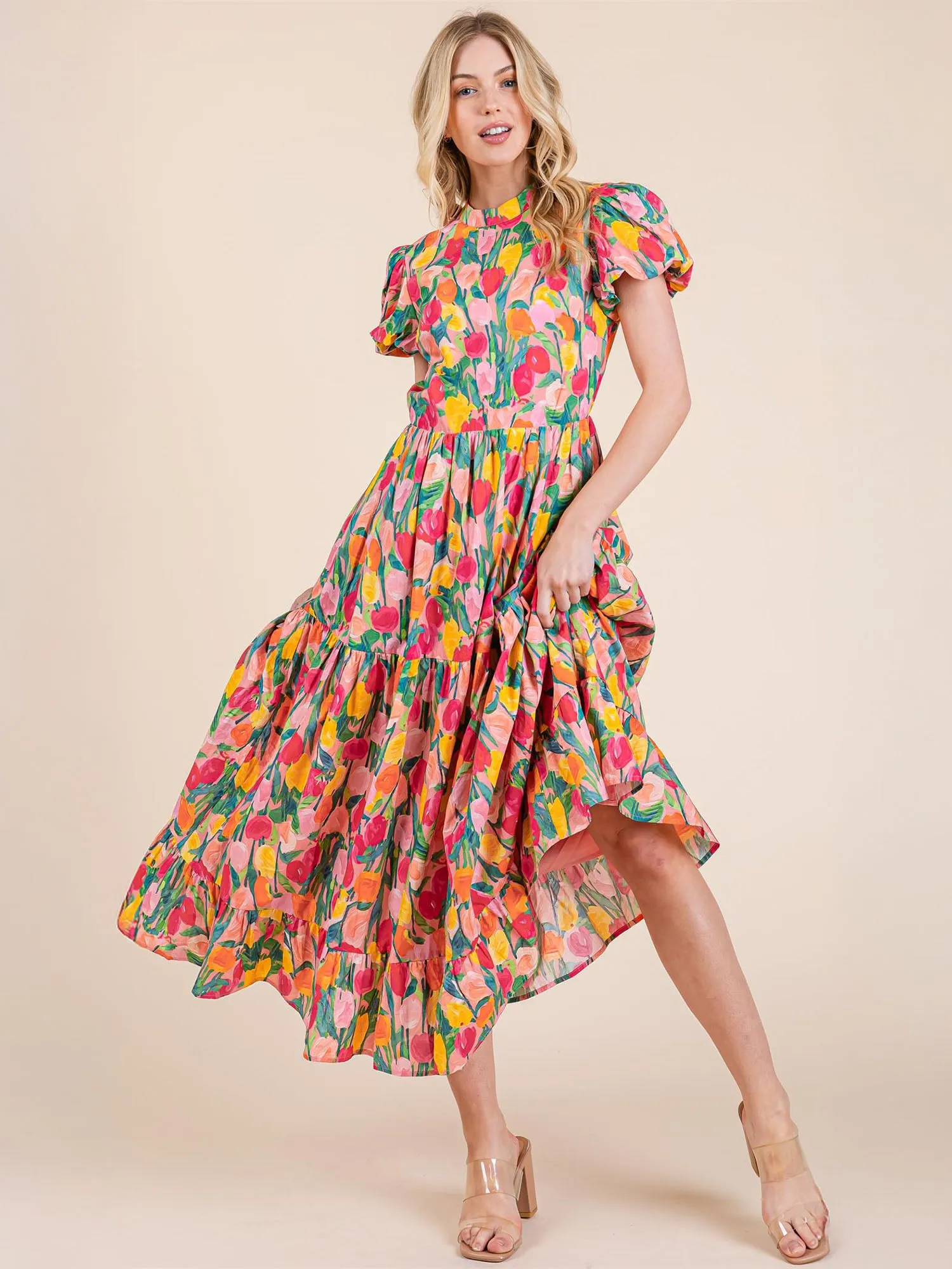 Tulip Floral Print Tiered Maxi Fit Flare Sun Dress