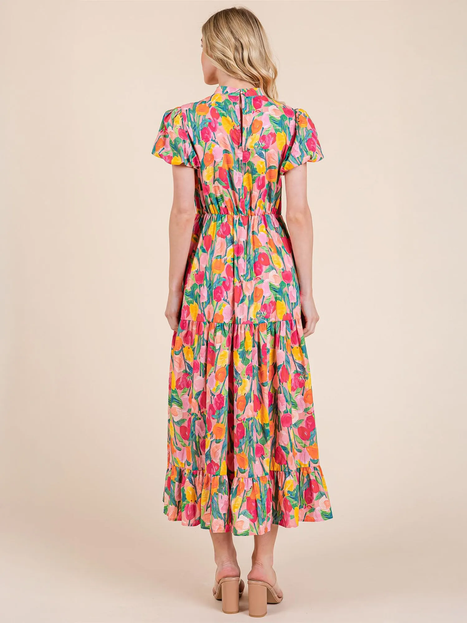 Tulip Floral Print Tiered Maxi Fit Flare Sun Dress