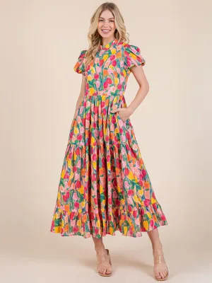 Tulip Floral Print Tiered Maxi Fit Flare Sun Dress
