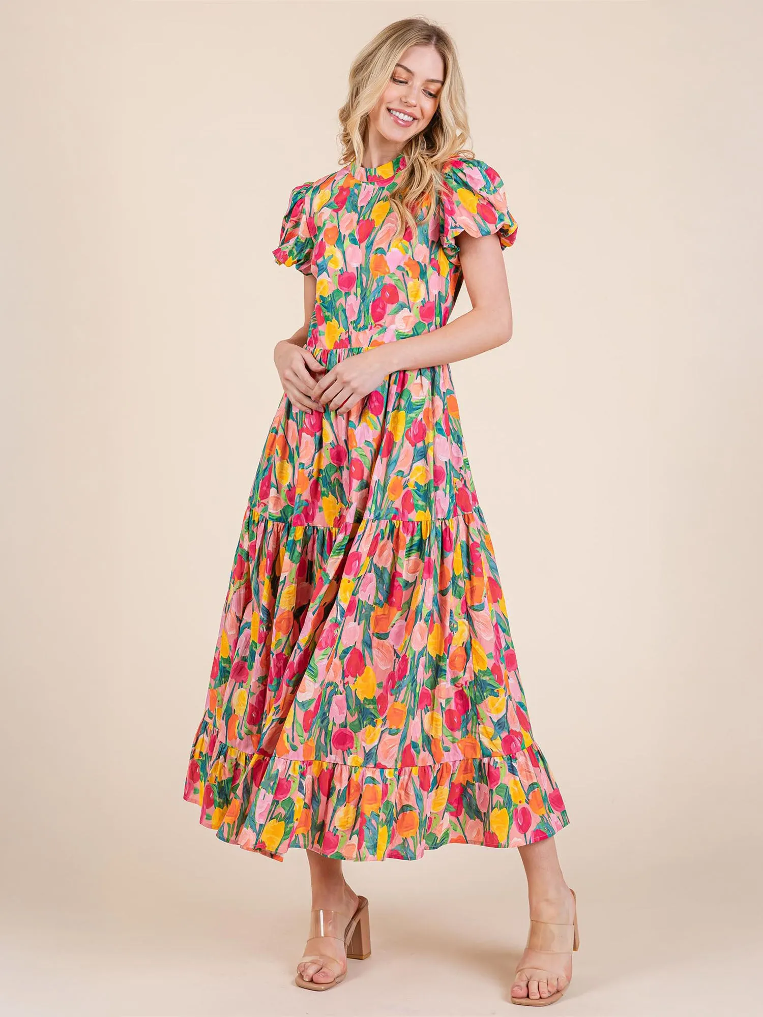 Tulip Floral Print Tiered Maxi Fit Flare Sun Dress
