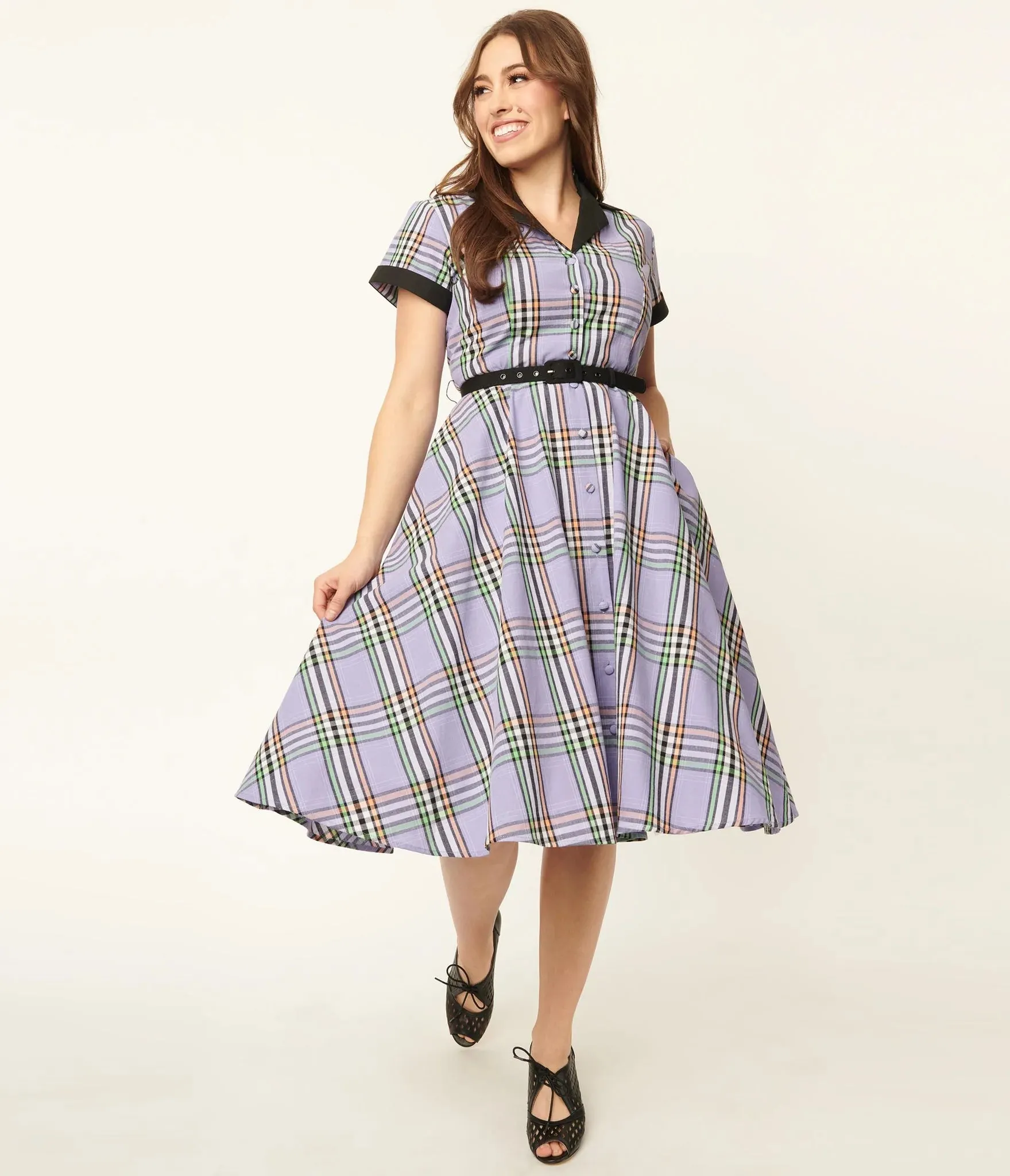 Unique Vintage 1950's Alexis Plaid Swing Dress Lavender