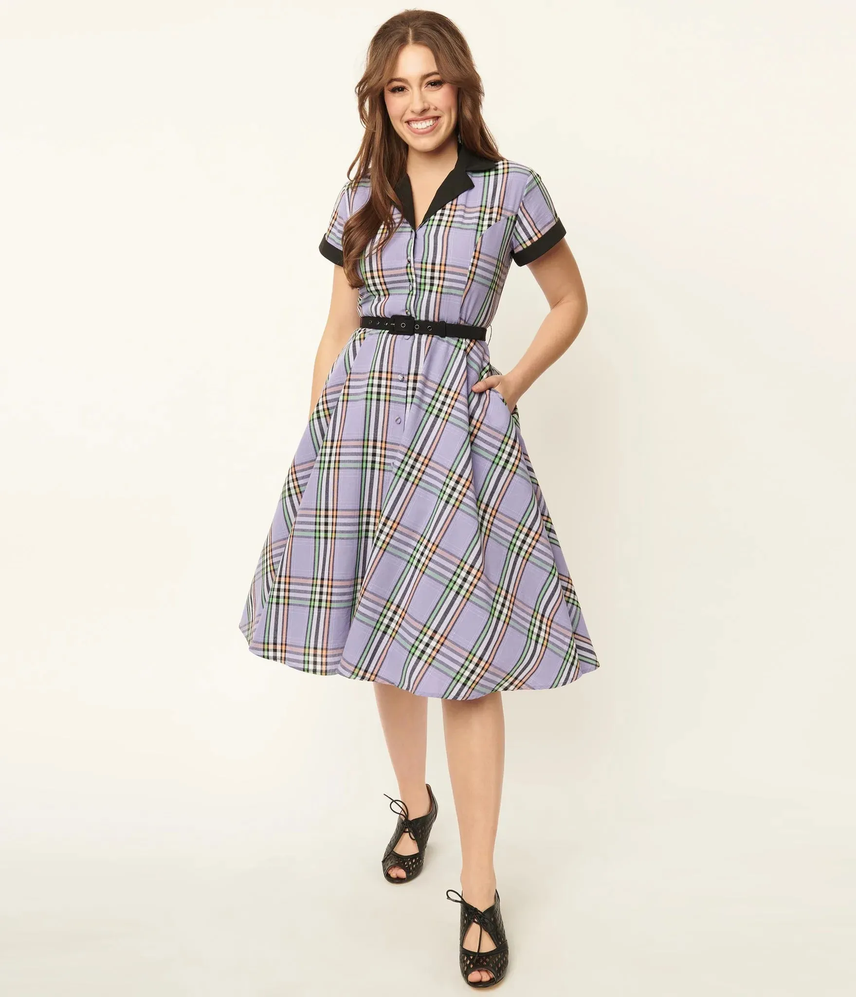 Unique Vintage 1950's Alexis Plaid Swing Dress Lavender
