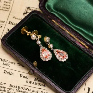 Victorian Padparadscha Sapphire & Diamond Teardrop Earrings
