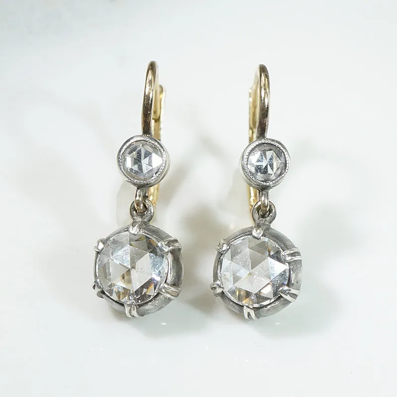 Victorian Rose Cut Diamonds in Gold & Silver Earbobs