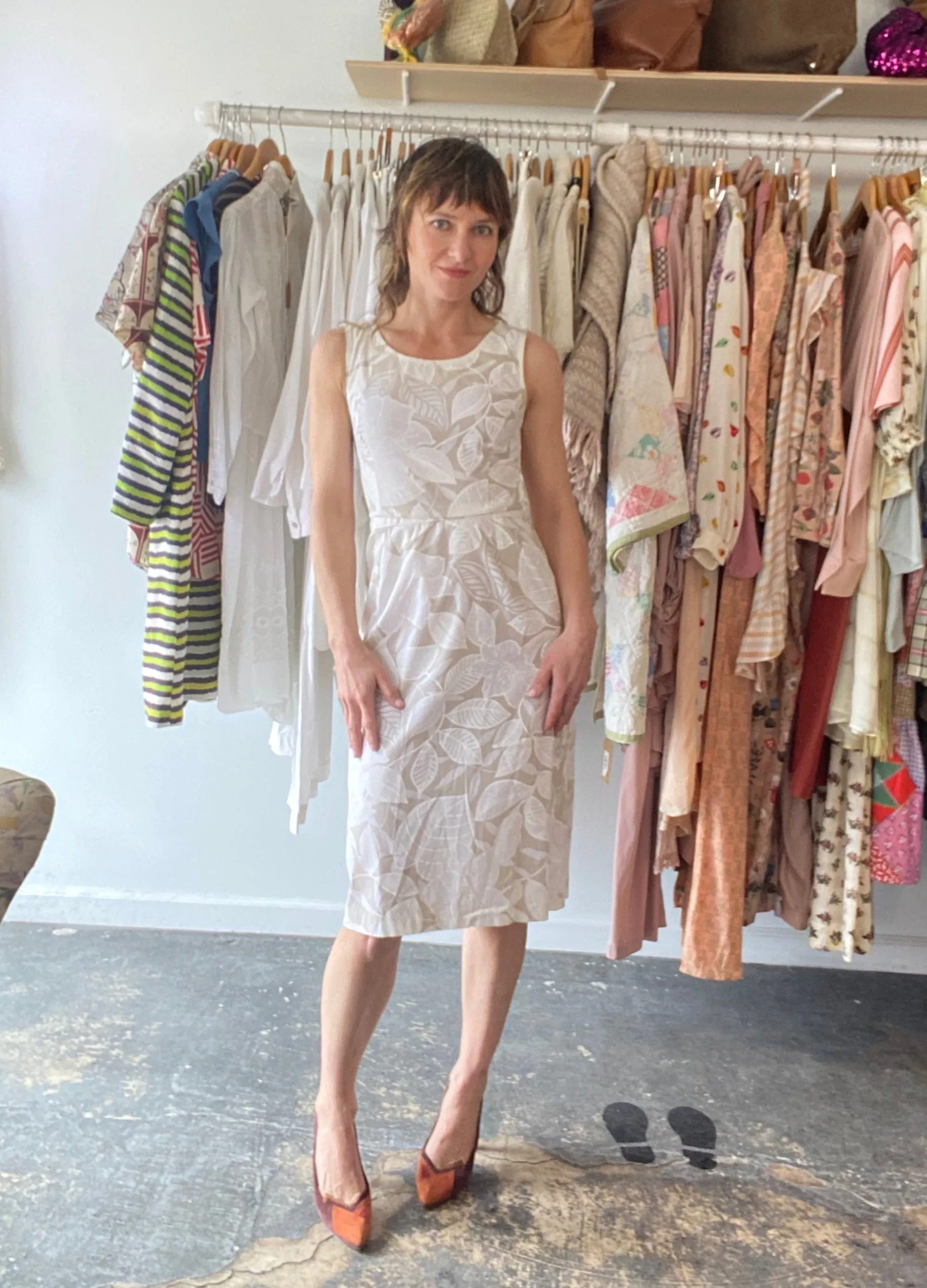 Vintage Bruce Wayne White and Tan Floral Dress
