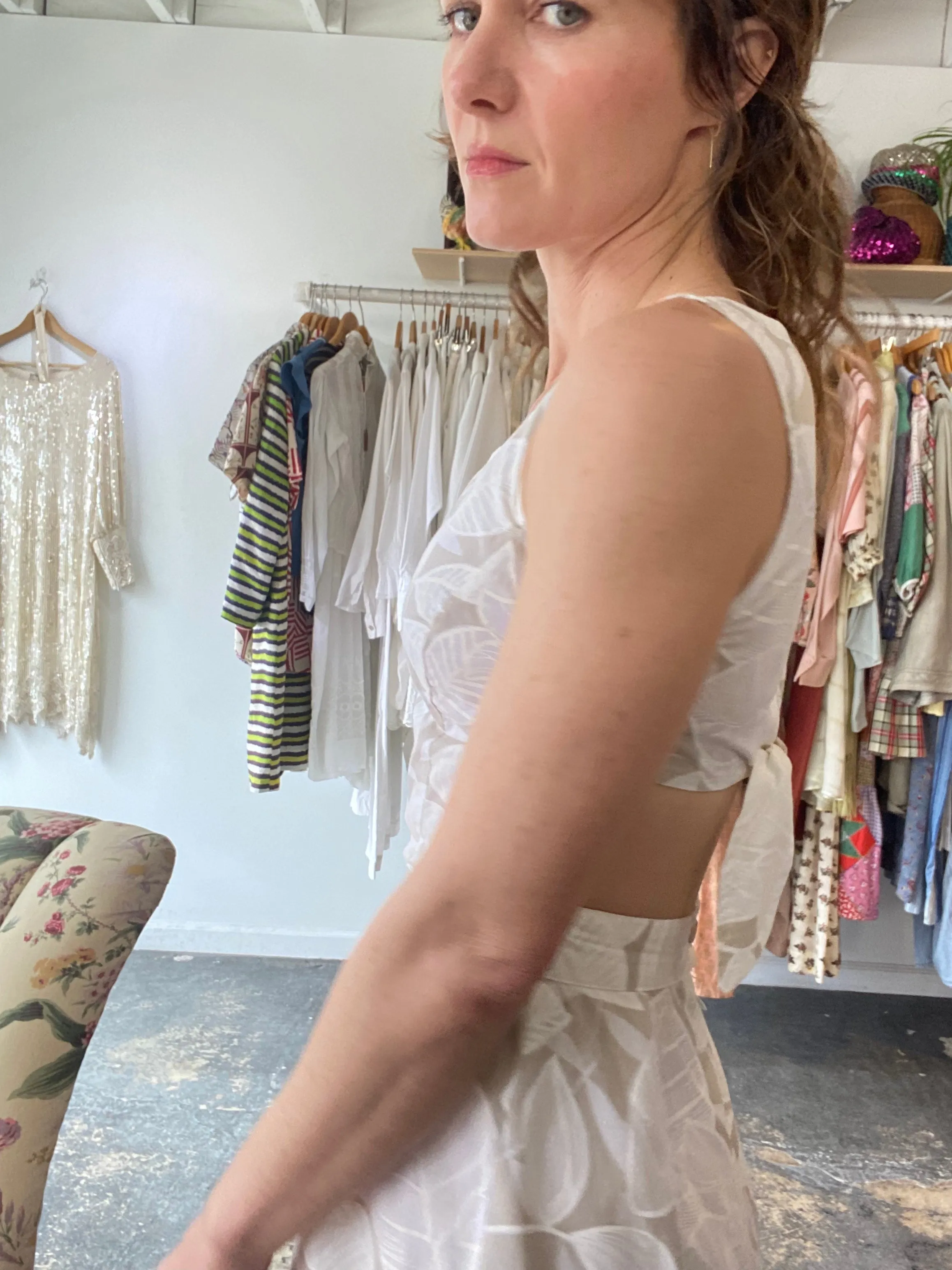 Vintage Bruce Wayne White and Tan Floral Dress