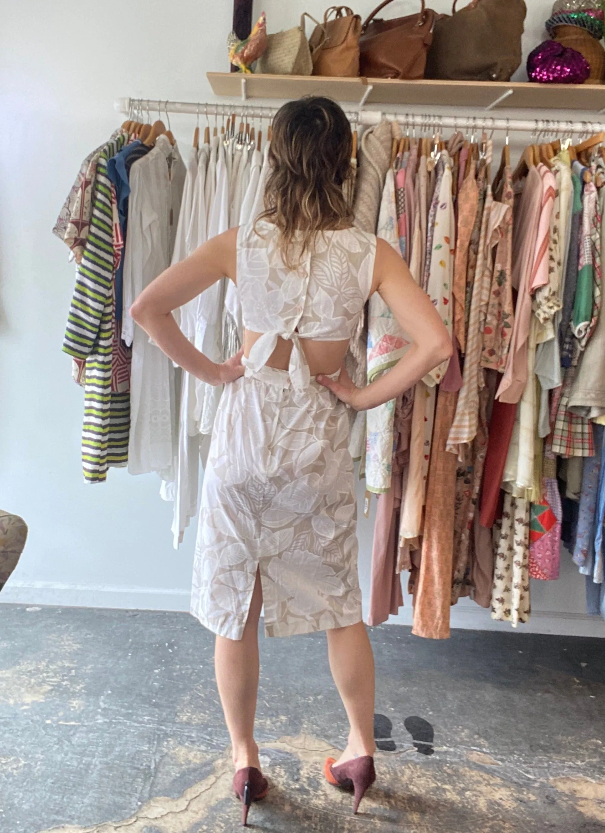 Vintage Bruce Wayne White and Tan Floral Dress