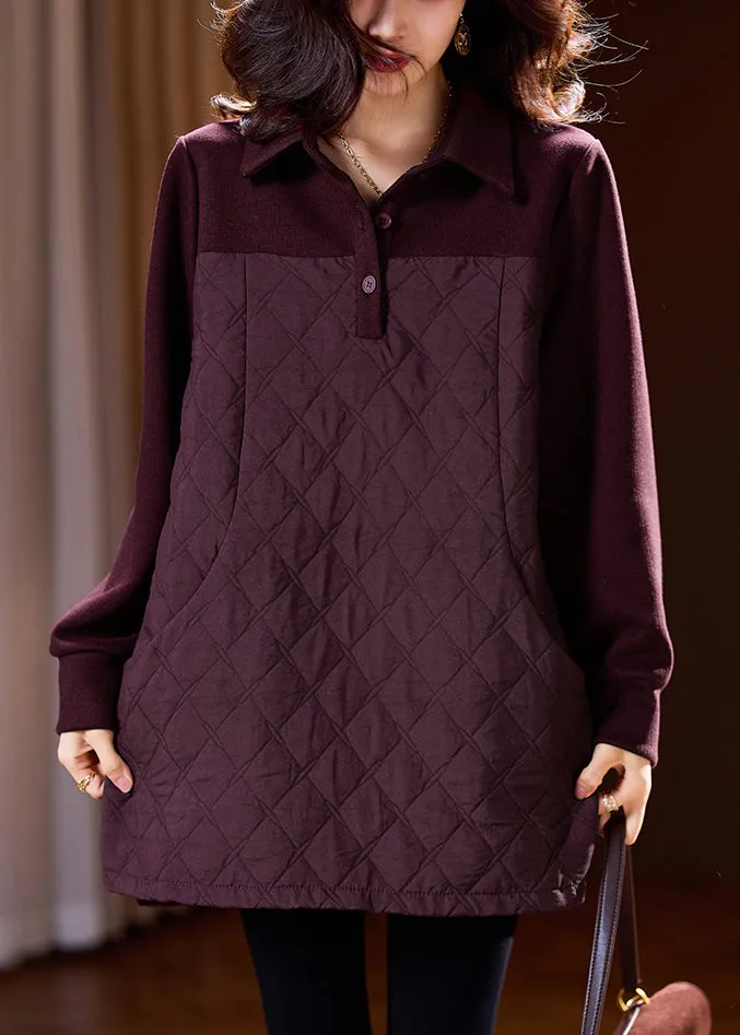 Vintage Wine Red Button Patchwork Cotton Filled Blouses Spring