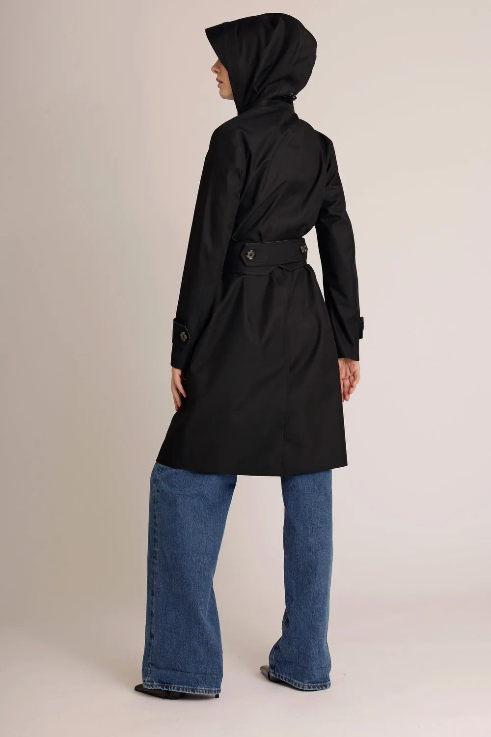 Waterproof Straight Fit Waistbelt Raincoat | Black Matte