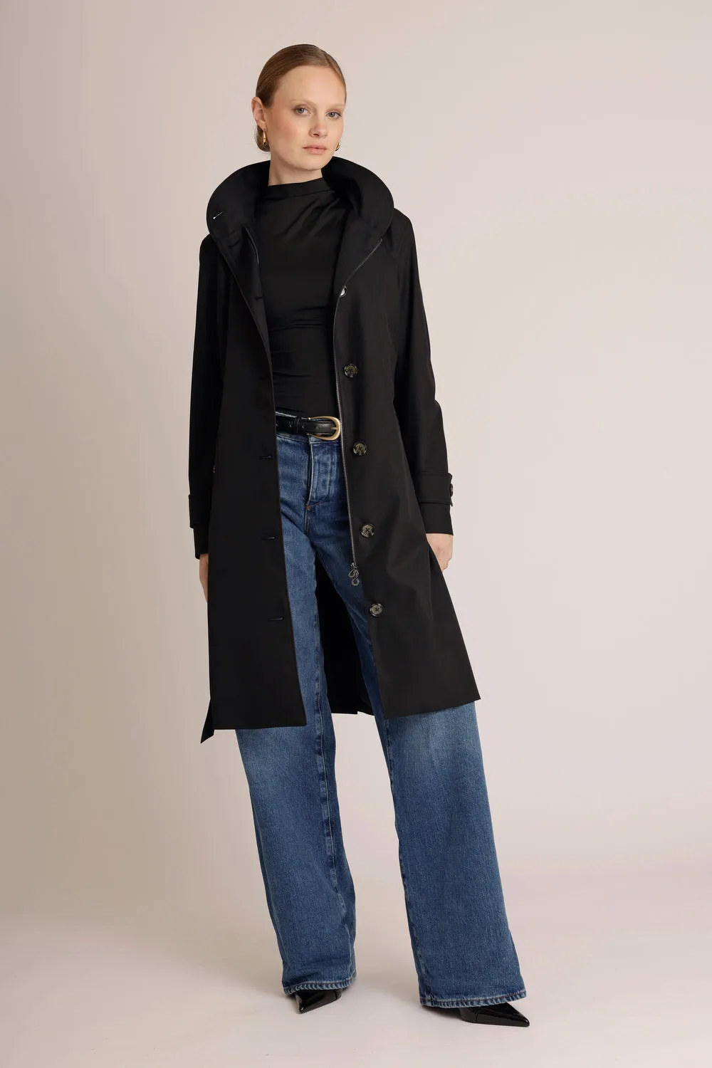 Waterproof Straight Fit Waistbelt Raincoat | Black Matte