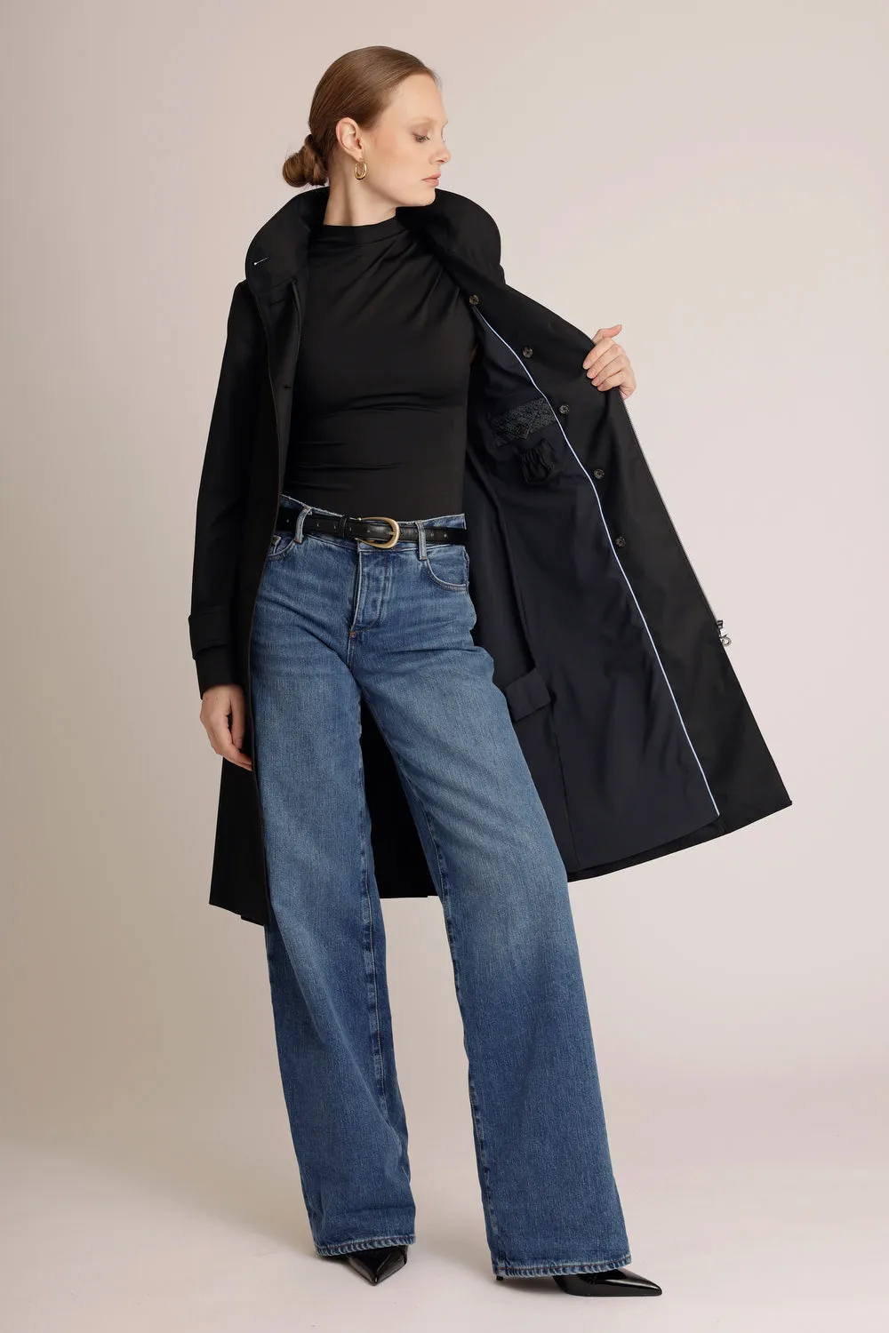 Waterproof Straight Fit Waistbelt Raincoat | Black Matte