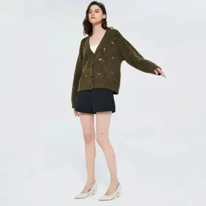 Whimsical Goblincore Knit Jacket with Mushroom Embroidery