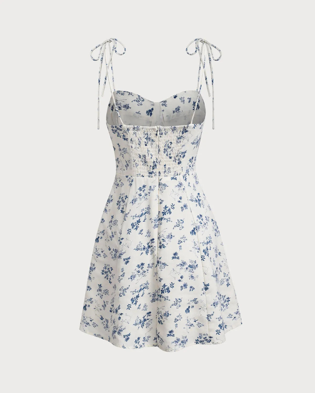 White Floral Shirred Tie Strap Mini Dress