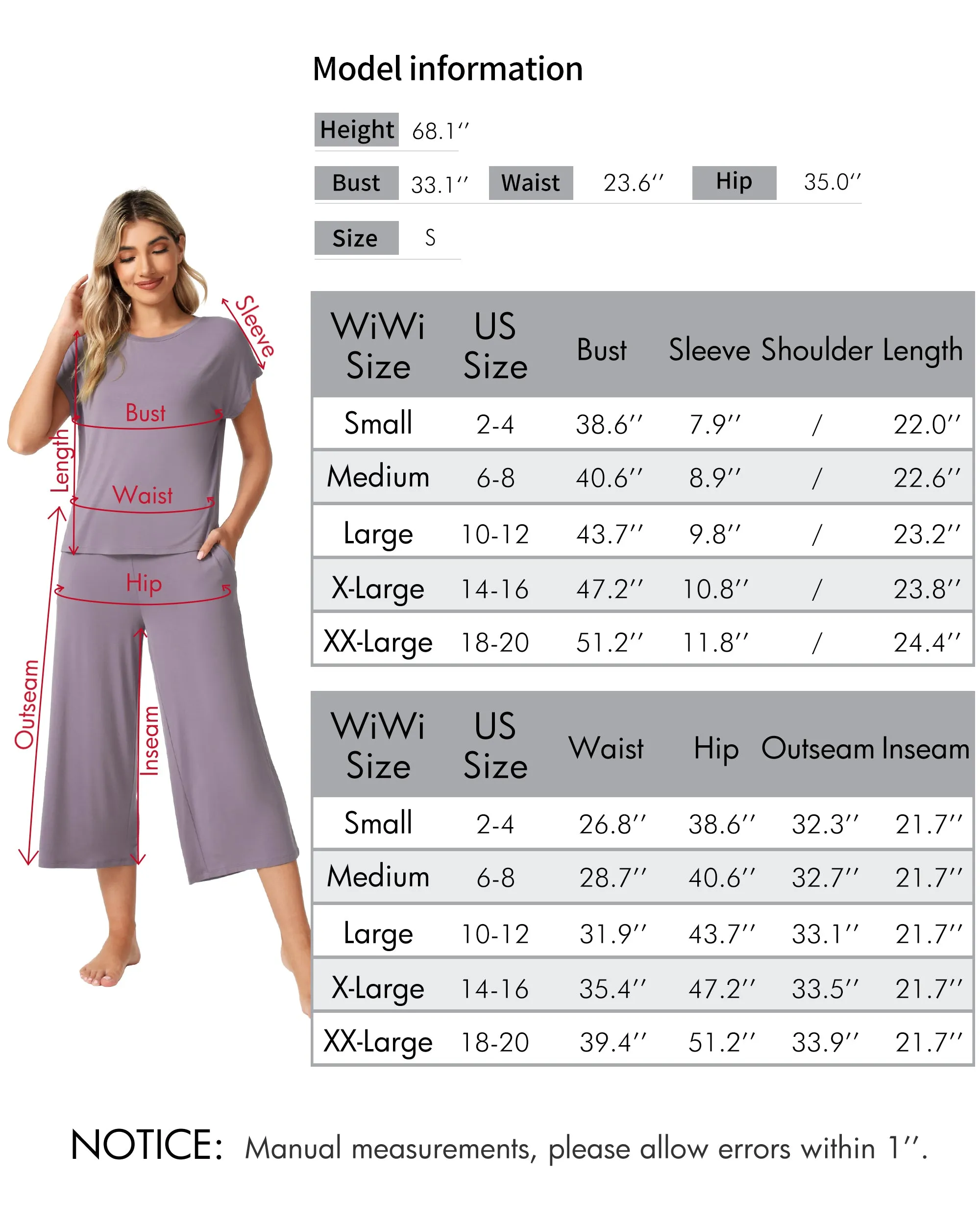WiWi Bamboo Tops with Capri Pants Sleepwear Pjs