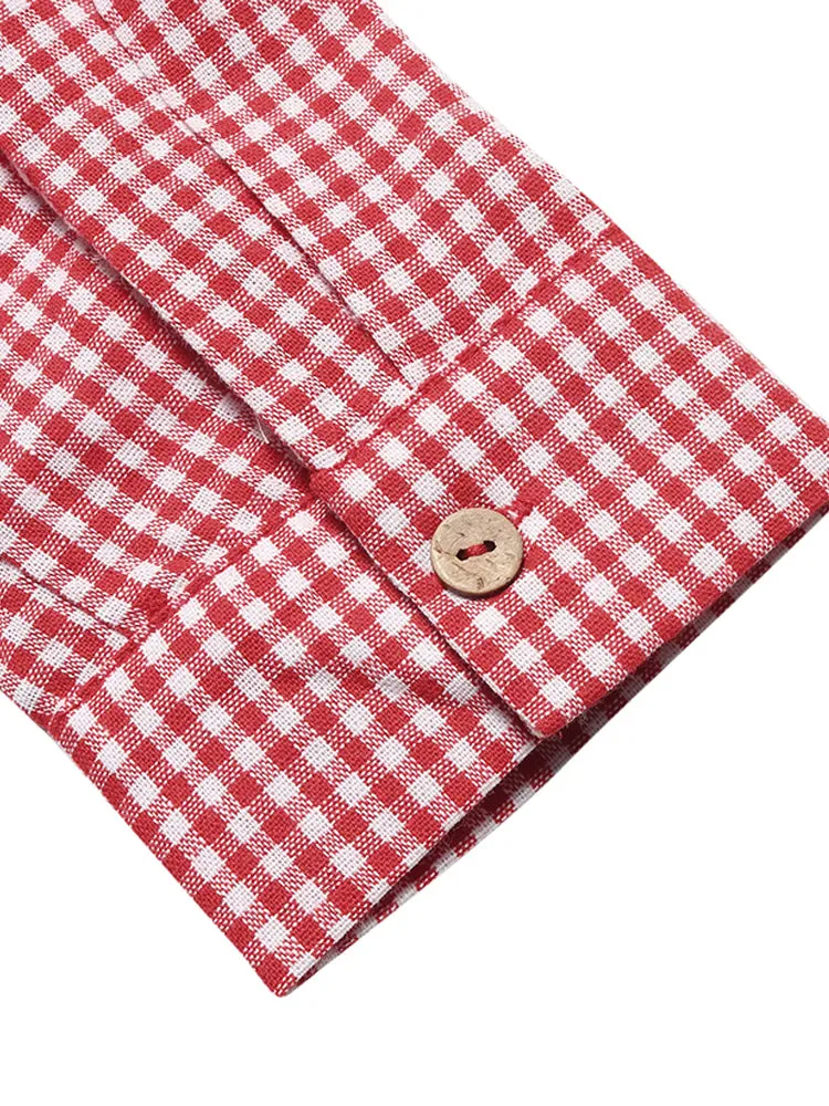 Women Long Sleeve Plaid Buttons Stand Collar Vintage Blouse