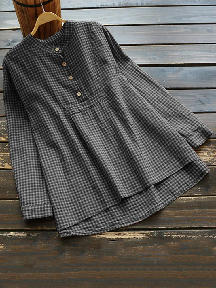 Women Long Sleeve Plaid Buttons Stand Collar Vintage Blouse